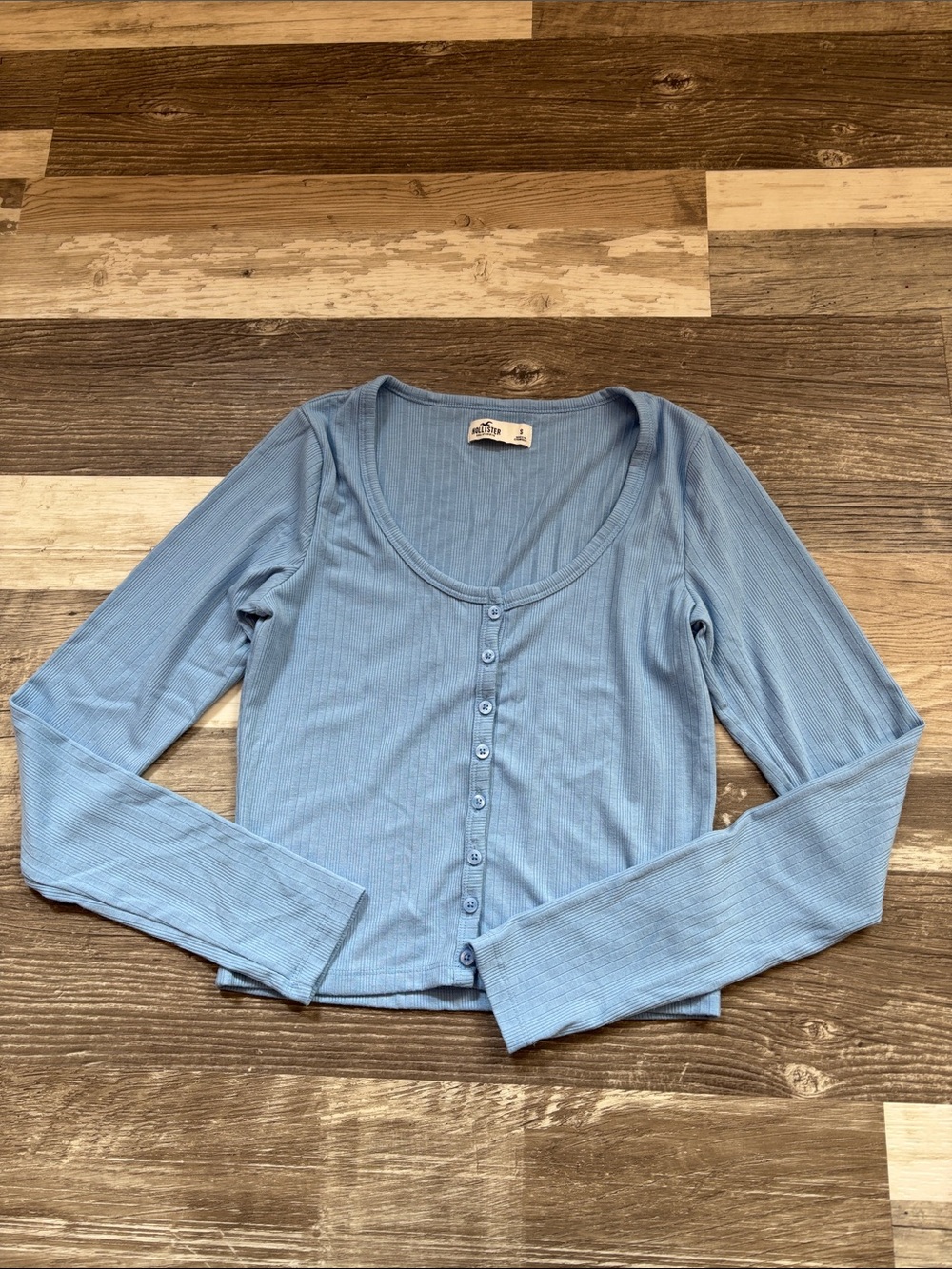 Hollister Light Blue Ribbed Button-Down Long Sleeve Top